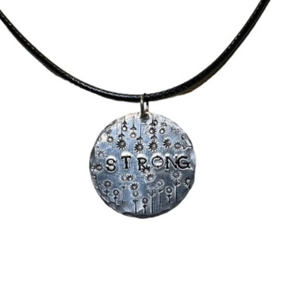 Handmade stamped floral motivational silver pendant Black leather cord necklace‎